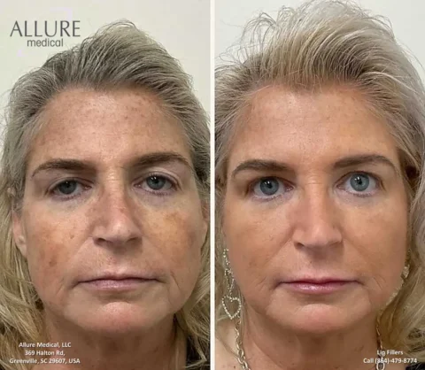 Side-by-side comparison of a woman's face before (left) and after (right) cosmetic treatment at Allure Medical. The woman shows visible improvements in skin tone and reduced wrinkles.