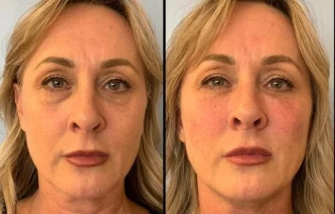 Before and after images of a woman's face showing reduced eye bags and smoother skin.